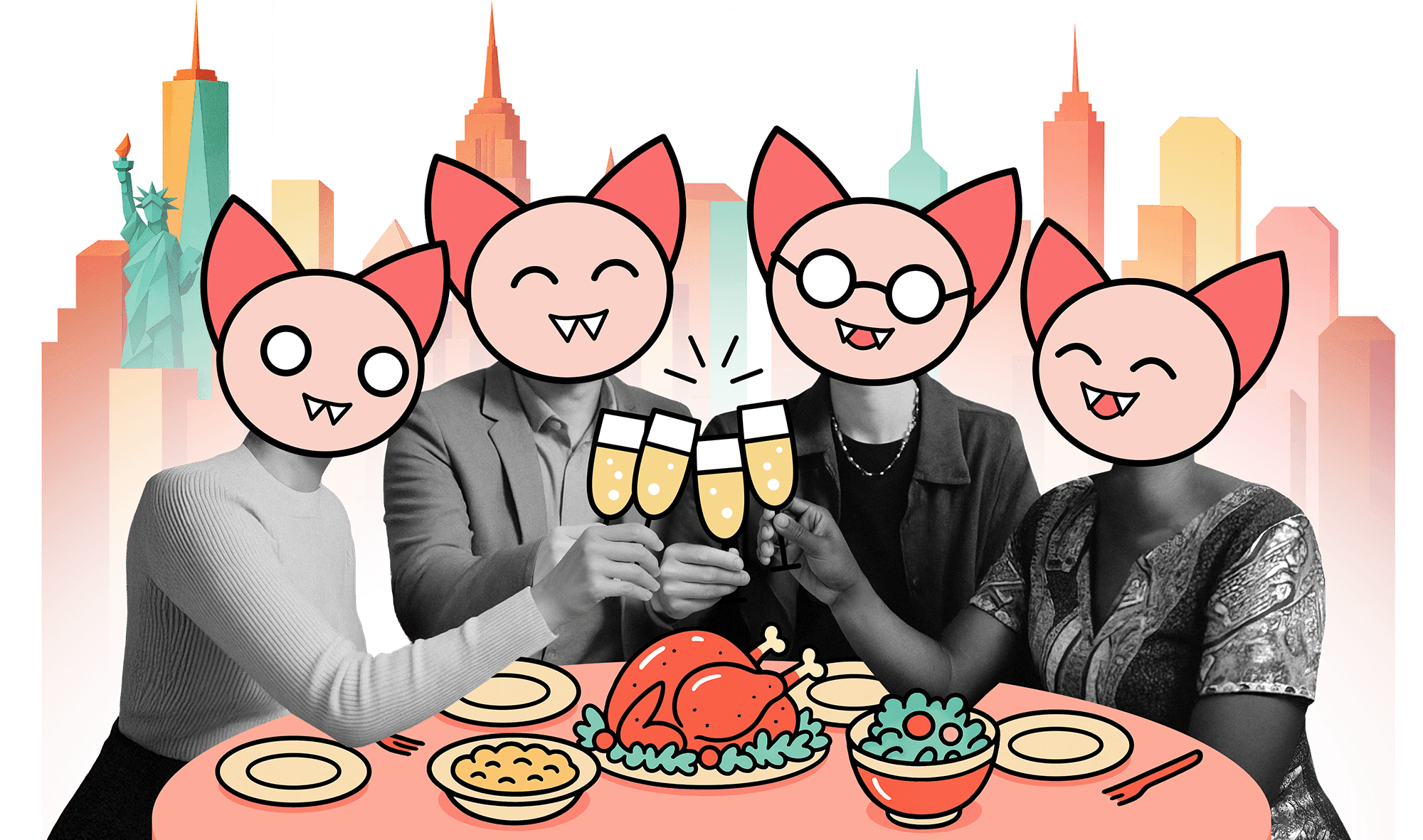 A group of bat friends enjoying a peaceful dinner party.